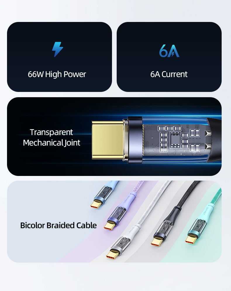 USAMS US-SJ572 Type C 66W Aluminum Alloy Transparent Data Cable Icy Series (1.2M)