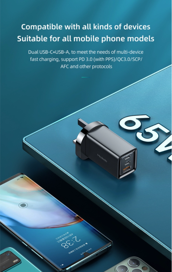 MCDODO 65W Gan Fast Chargers 3 Port Usb A Usb-C Charger Gan Technology Fast Charger Uk Pd Gan Wall Charger