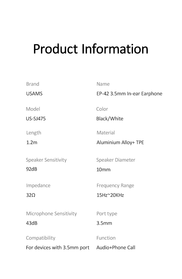 USAMS US-SJ475 EP-42 3.5mm In-ear Earphone