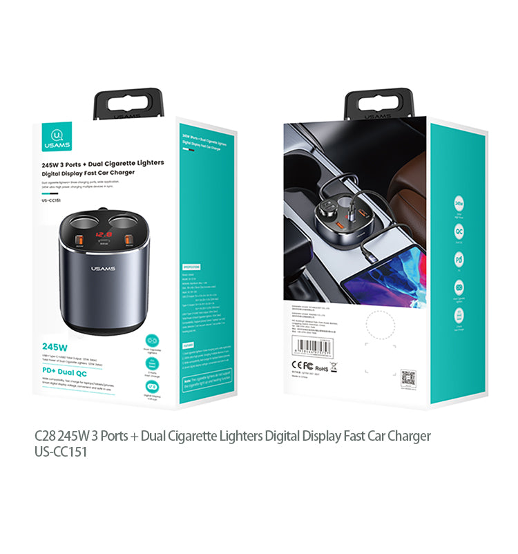 USAMS US-CC151 C28 245W 2A+C 3 Ports + Dual Cigarette Lighters Digital Display Fast Car Charger
