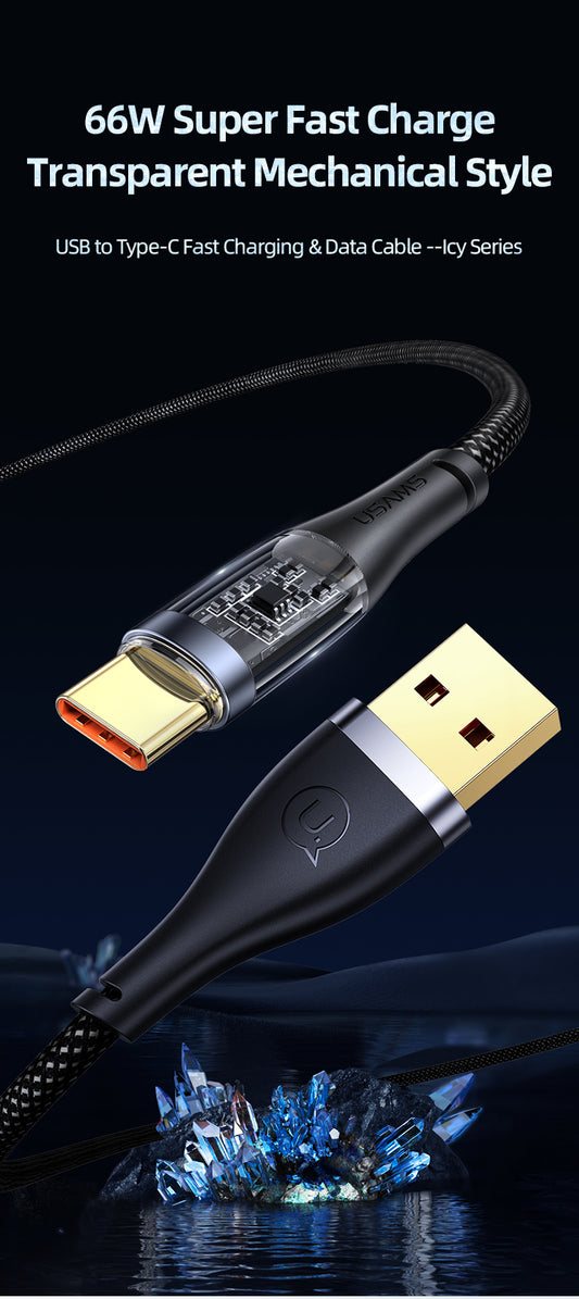 USAMS US-SJ572 Type C 66W Aluminum Alloy Transparent Data Cable Icy Series (1.2M)
