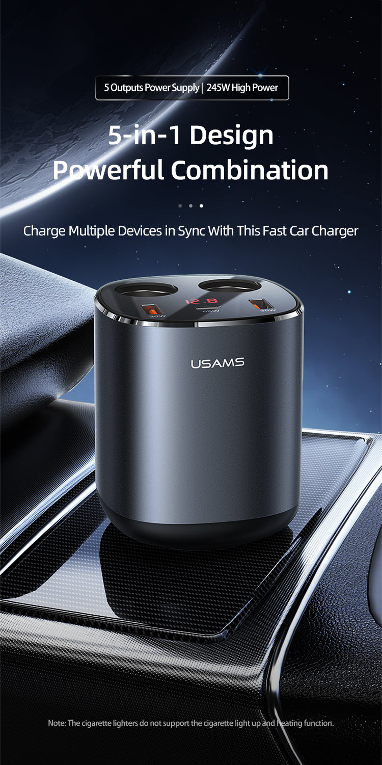 USAMS US-CC151 C28 245W 2A+C 3 Ports + Dual Cigarette Lighters Digital Display Fast Car Charger