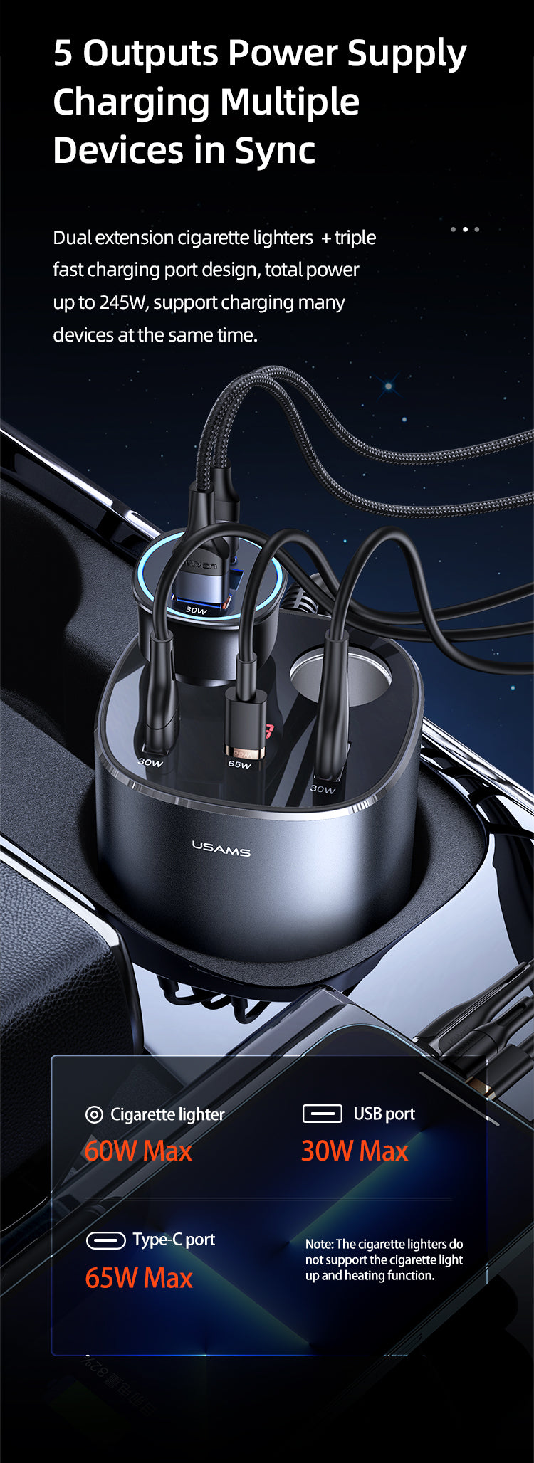 USAMS US-CC151 C28 245W 2A+C 3 Ports + Dual Cigarette Lighters Digital Display Fast Car Charger