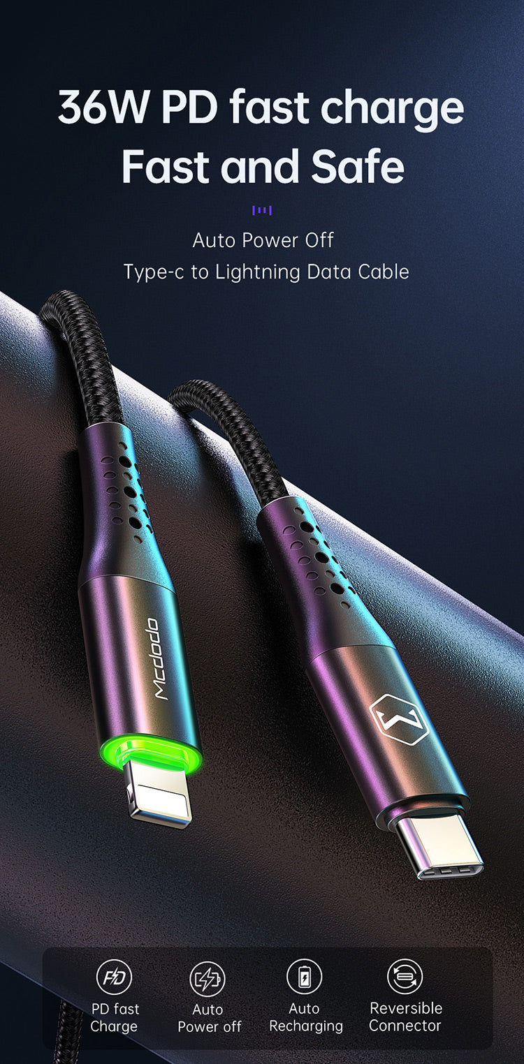 Mcdodo USB Type C PD Smart charging Cable Auto Power Off Fast Charging PD Cable for iPhone for MacBook